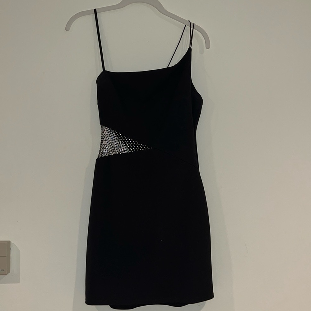 Short black asymmetrical mesh panel bodycon dress